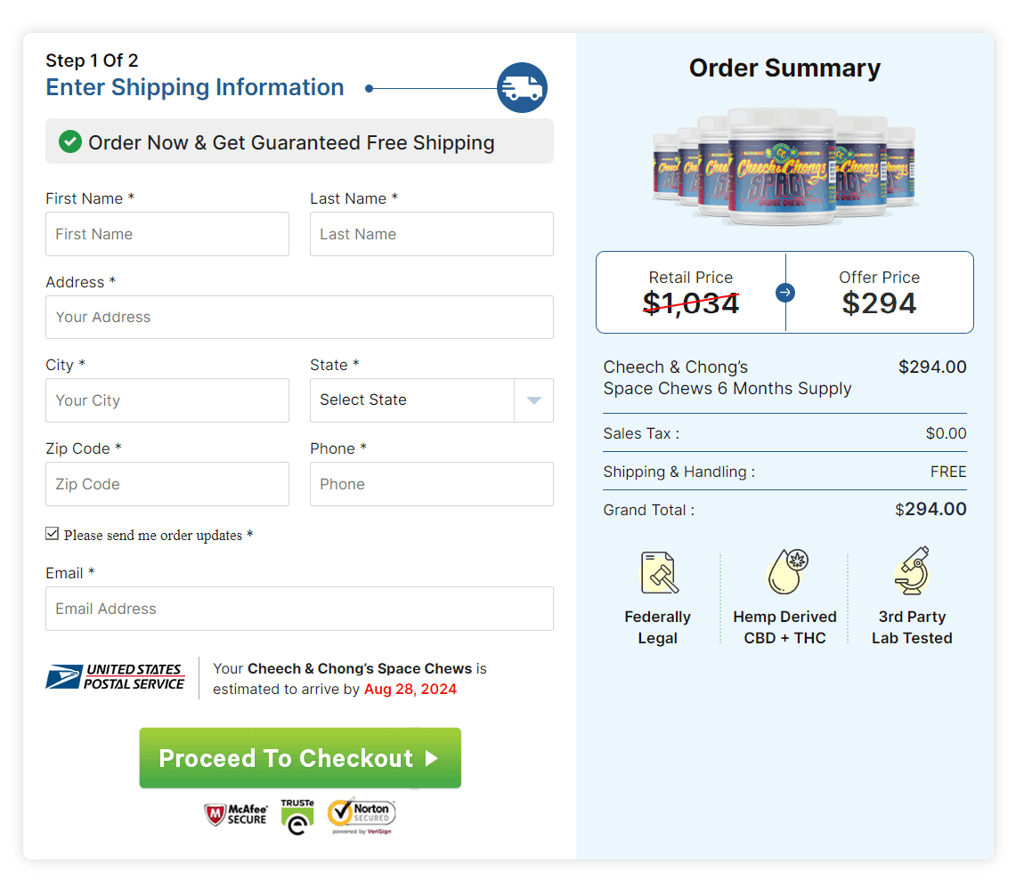 Cheech and Chong Space Chews Checkout Page